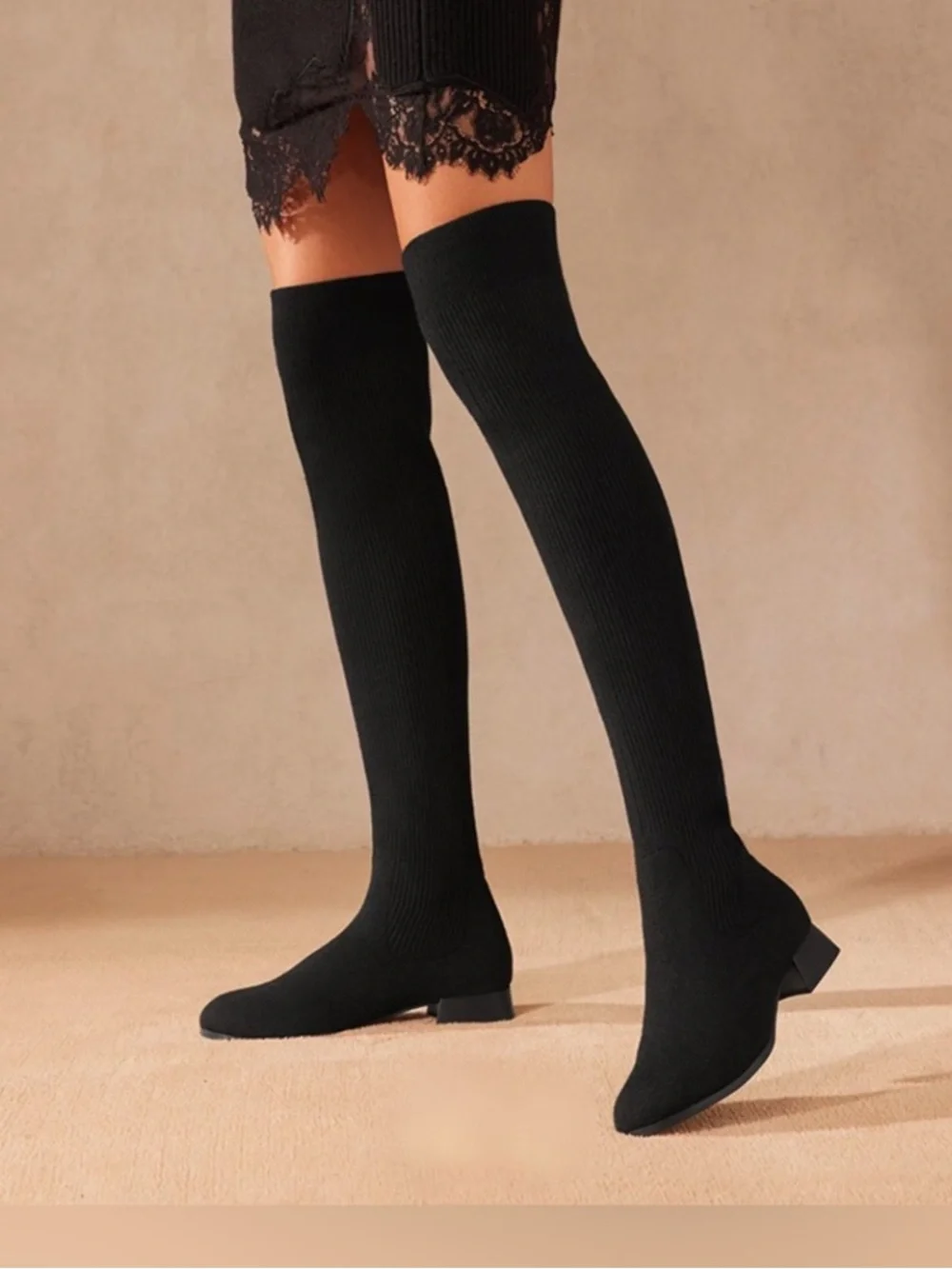 Vivaia Madeline Over The Knee Boots Black Wool Knit Size 9.5 Water Repellent